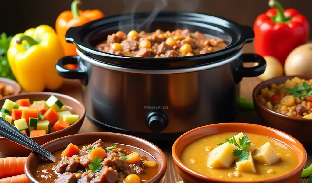 A selection of easy crockpot meals, including beef stew, potato soup, and vegetarian chili, arranged on a rustic wooden table with a steaming crockpot in the center