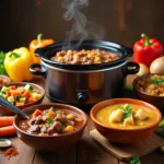 A selection of easy crockpot meals, including beef stew, potato soup, and vegetarian chili, arranged on a rustic wooden table with a steaming crockpot in the center