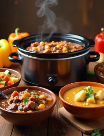 A selection of easy crockpot meals, including beef stew, potato soup, and vegetarian chili, arranged on a rustic wooden table with a steaming crockpot in the center