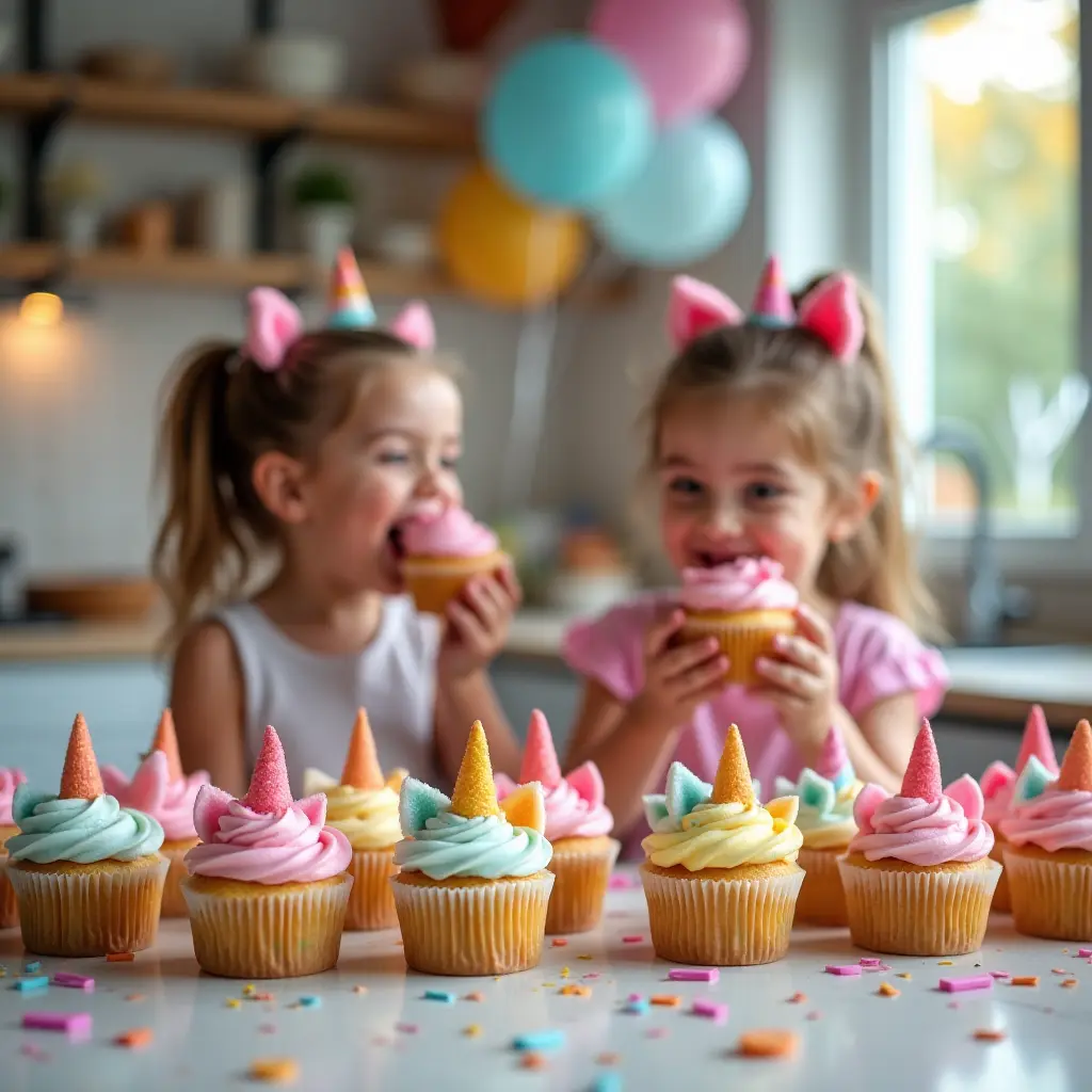 Mini Unicorn Cupcakes with buttercream swirls and fondant decorations in modern kitchen