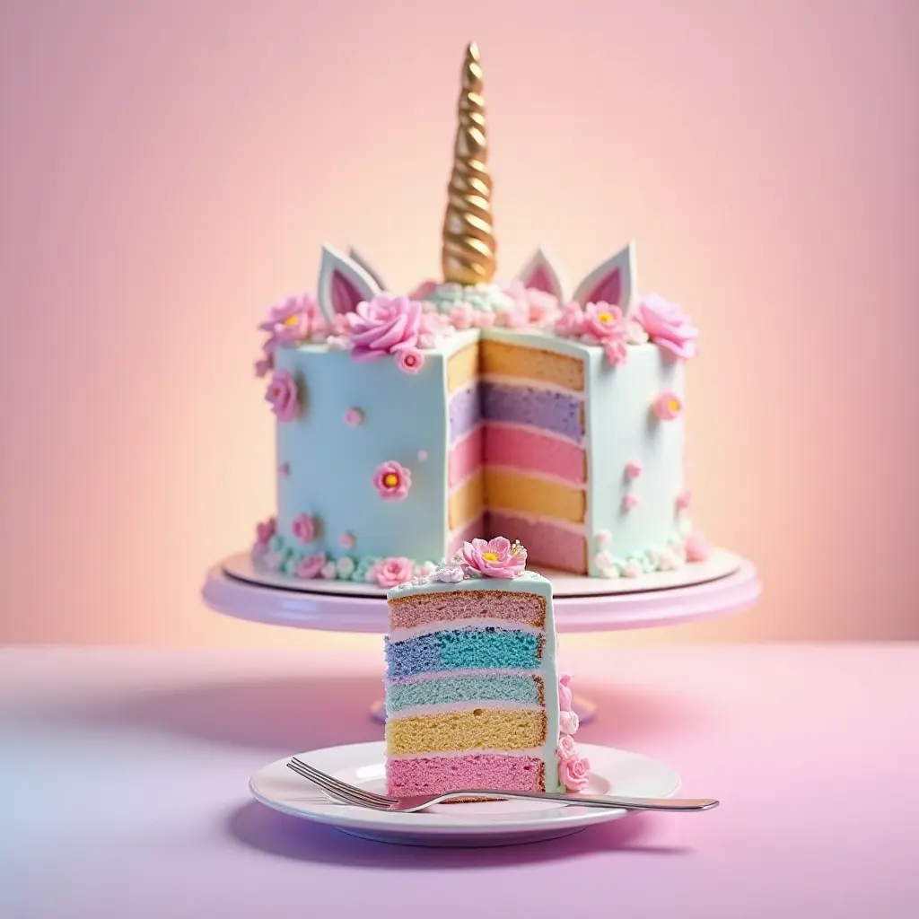 A visually realistic unicorn-themed cake decorated with pastel frosting, a golden horn, and floral accents, accompanied by a cut slice displayed on a plate.