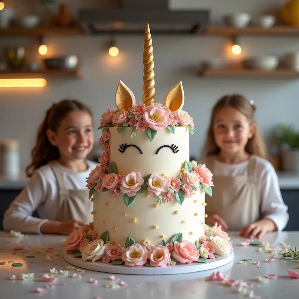 Floral Unicorn Cake in modern kitchen with joyful girls at birthday party