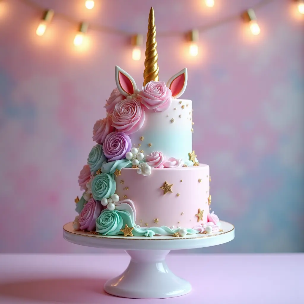 A stunning three-tiered unicorn cake decorated with pastel roses, a golden horn, and edible star accents, displayed on a white porcelain stand against a dreamy pastel backdrop.