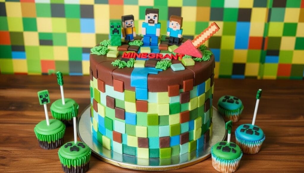 Pixelated Minecraft birthday cake with blocky designs, green grass frosting, and edible decorations inspired by the popular game, perfect for a themed party