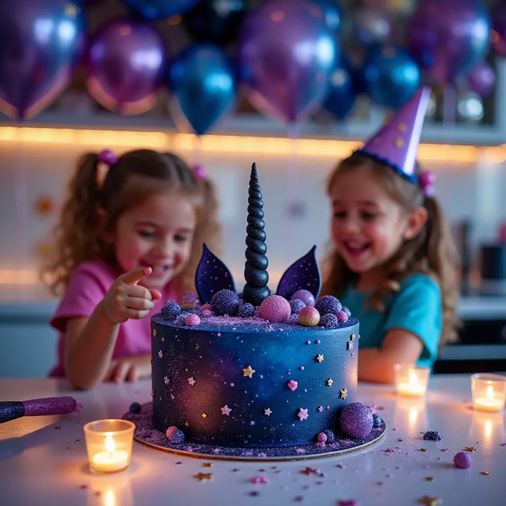 Galaxy Unicorn Cake with cosmic colors and fondant decorations in modern kitchen