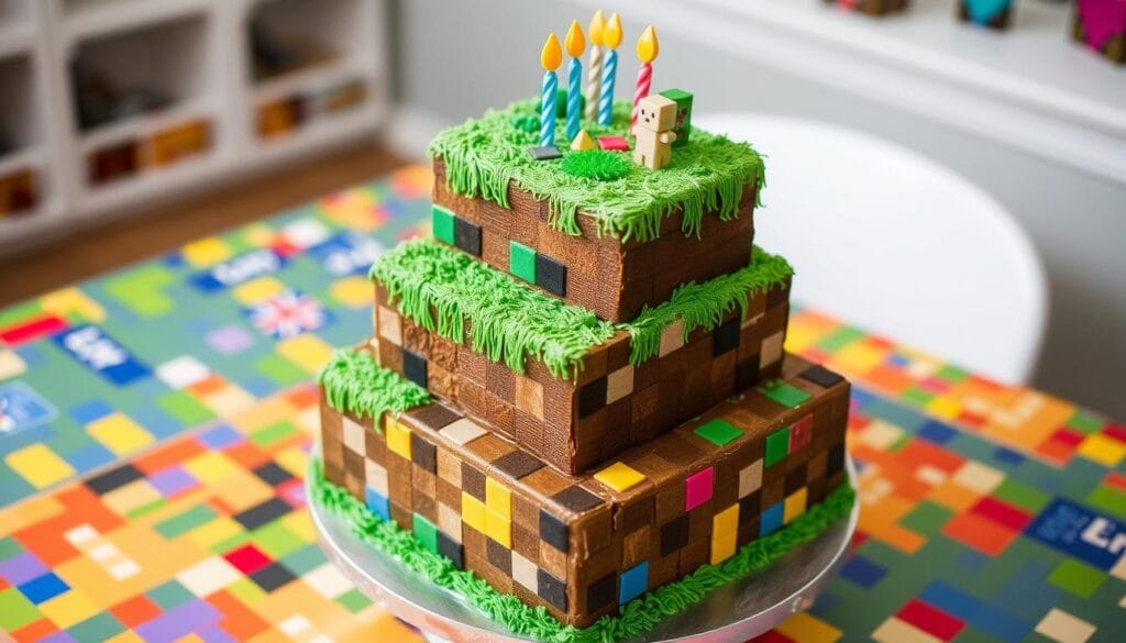 Minecraft birthday cake with blocky design and pixelated decorations for a fun party