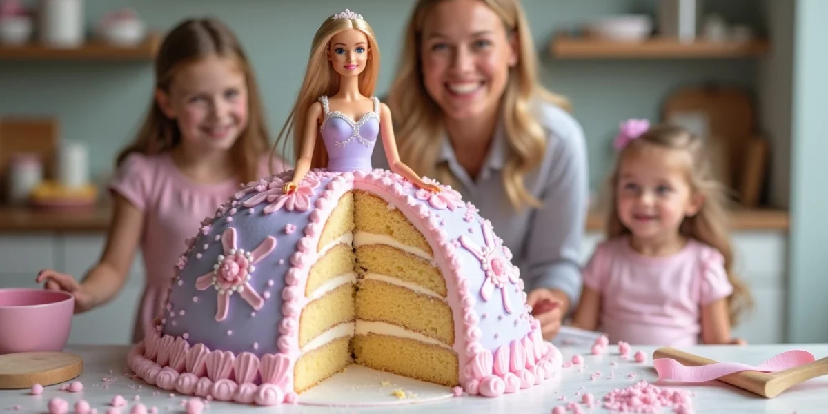 Barbie doll cake with a slice removed, showing rich cake layers, surrounded by girls playing with dolls and a smiling mom in the background.