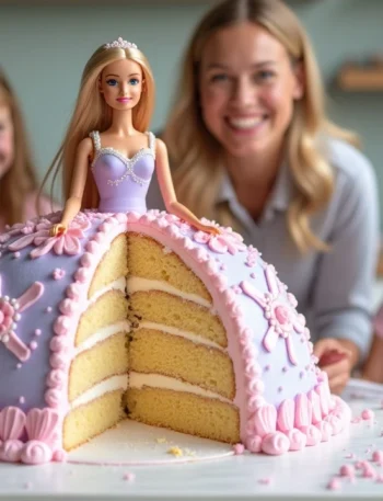 Barbie doll cake with a slice removed, showing rich cake layers, surrounded by girls playing with dolls and a smiling mom in the background.