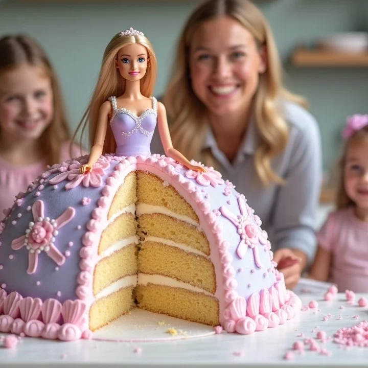 Barbie doll cake with a slice removed, showing rich cake layers, surrounded by girls playing with dolls and a smiling mom in the background.