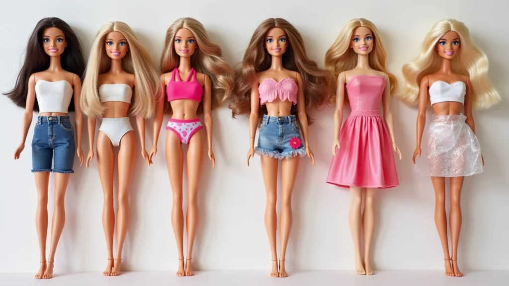 A collection of Barbie dolls displayed side by side; some in simple outfits, others with detachable legs, and one wrapped in plastic at the lower half, ready for use as a cake topper