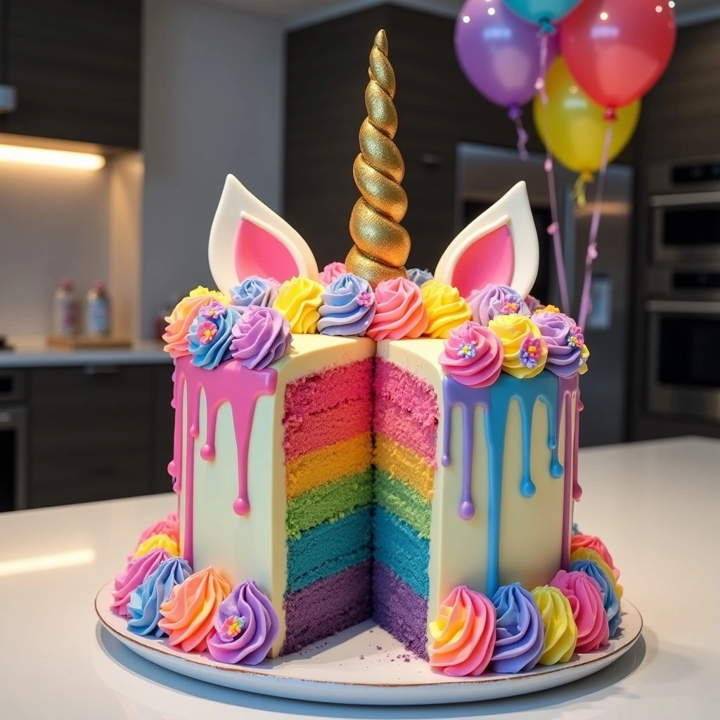 Drip Unicorn Cake cut in half revealing colorful layers and ganache drips in modern kitchen