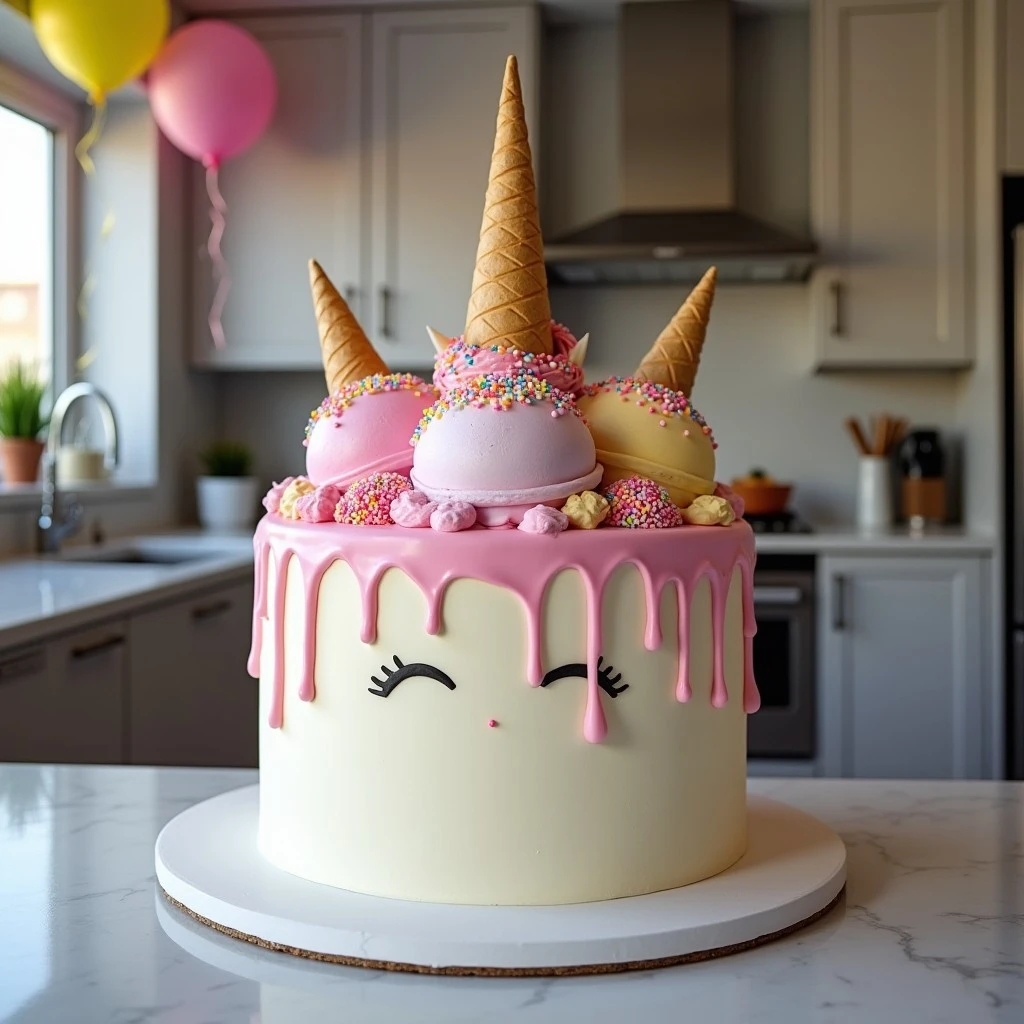 Ice Cream Unicorn Cake with fondant cones, colorful ice cream scoops, and sprinkles in modern kitchen