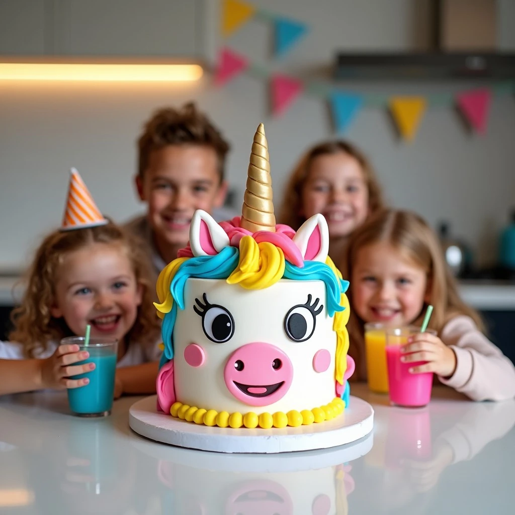 Cartoon Unicorn Cake with playful features and rainbow mane, surrounded by kids with drinks in modern kitchen