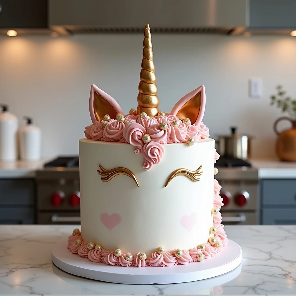 Metallic Unicorn Cake with silver, rose gold, and gold accents in modern kitchen