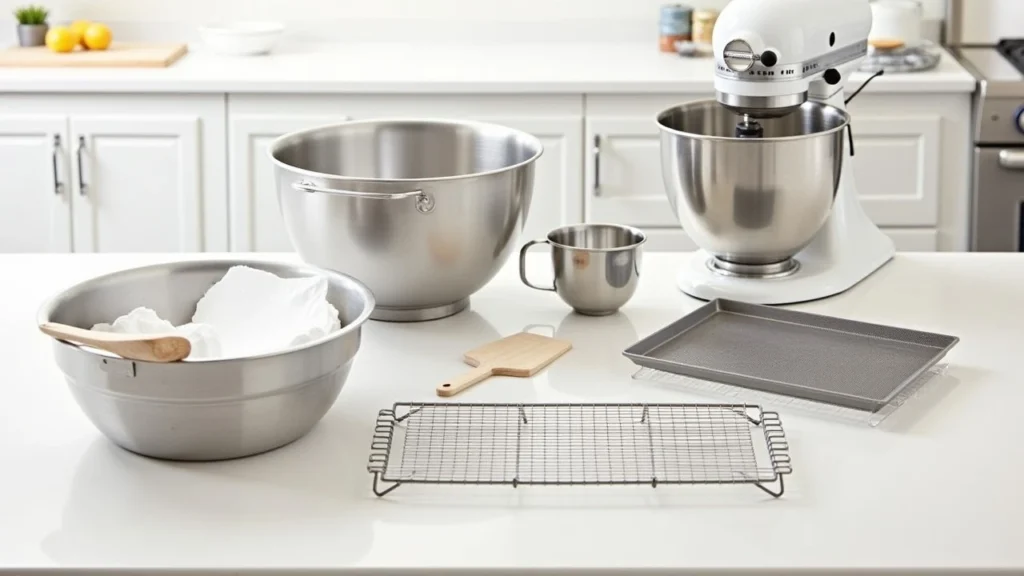 A neatly arranged kitchen counter with baking tools including mixing bowls, measuring cups, a stand mixer, 8-inch round cake pans, an offset spatula, and a cooling rack in a well-lit, clean environment