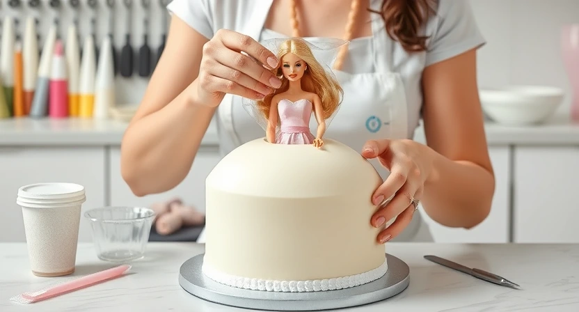 Female baker carefully inserting a plastic-wrapped Barbie doll into the center of a dome-shaped cake, with clean cake decorating tools in the background