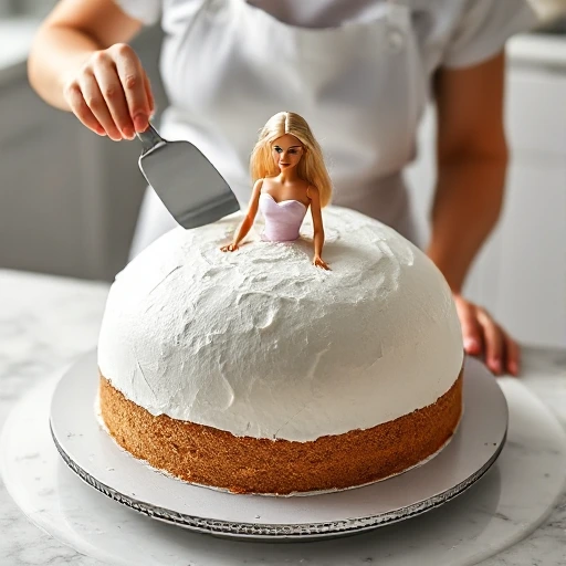 Female baker using an offset spatula to apply a smooth crumb coat of white frosting on a partially frosted dome cake with a half-dressed Barbie doll in the center, placed on a turntable.