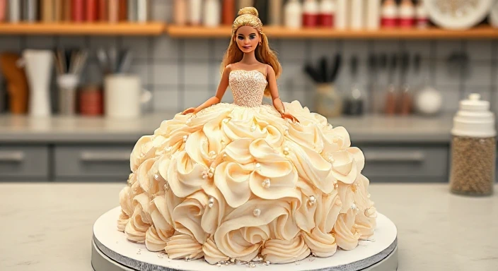 A beautifully decorated cake with a smooth buttercream dress, adorned with detailed ruffles, pleats, and fondant lace and floral designs. Edible pearls and metallic sprinkles add sparkle. A Barbie doll sits at the center of the cake, placed on a cake board in a well-lit kitchen with cake decorating tools in the background.