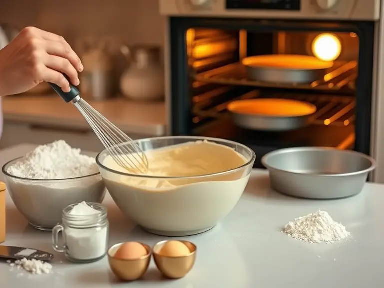 Mixing cake batter in a bowl with ingredients like flour, eggs, and butter on the kitchen counter, preparing for baking