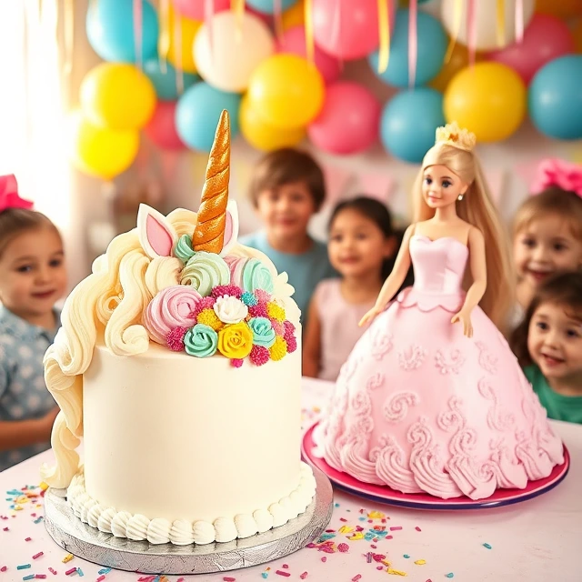 A unicorn cake with a pastel buttercream mane and golden horn, placed beside an elegant Barbie cake with a buttercream dress, on a festive table surrounded by excited children