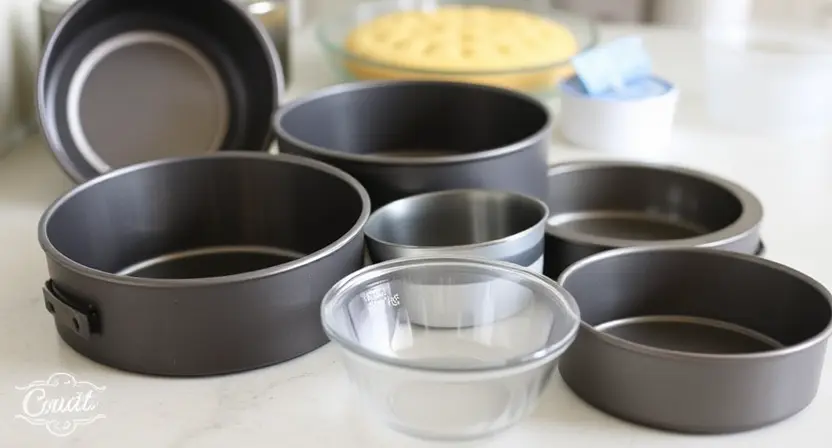 Various baking molds, including a hemisphere cake pan, Pyrex bowl, and deep round cake pans, displayed on a kitchen countertop with a partially baked cake in the background