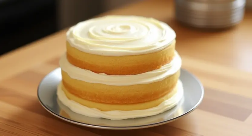 Multiple round cake layers stacked with decreasing diameter, carved to create a smooth, rounded shape, and blended with frosting for a seamless finish