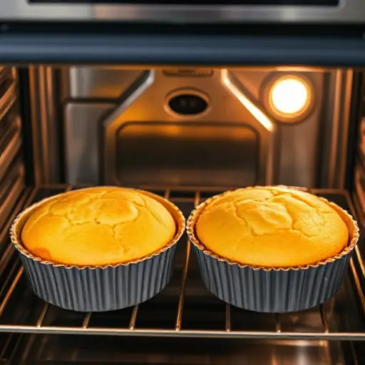 Two round molds with golden cakes featuring cracked tops, fully baked, placed inside an oven in a modern kitchen with a clear glass oven door.