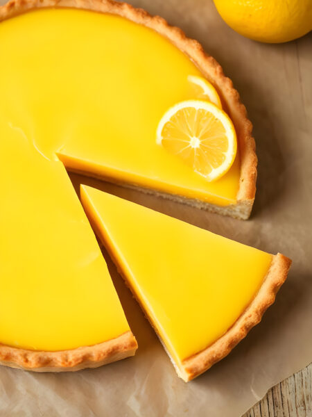 A beautifully baked lemon tart with a golden crust and vibrant yellow filling, garnished with a sprinkle of powdered sugar and a twist of lemon zest