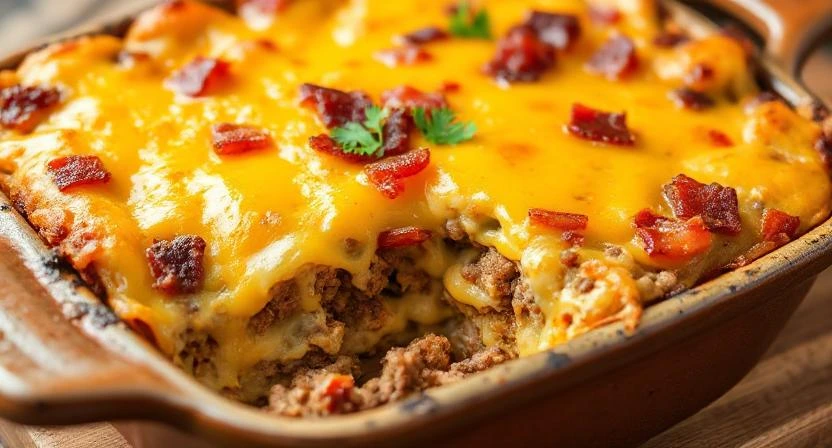 Ingredients for Low-Carb Beef Bacon Cheeseburger Casserole: beef bacon, ground beef, cheese, and spices.