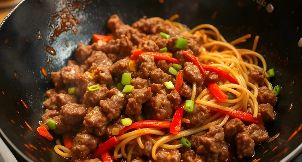 mongolian ground beef noodles wok