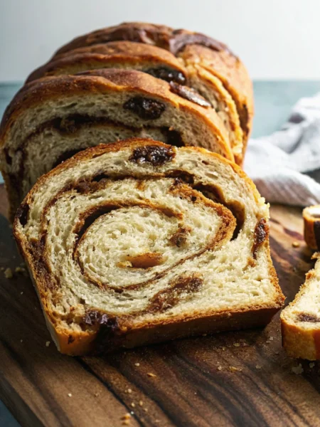 a loaf of Vegan Cinnamon Swirl Bread with raisins on a wooden surface