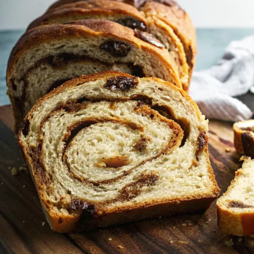 a loaf of Vegan Cinnamon Swirl Bread with raisins on a wooden surface