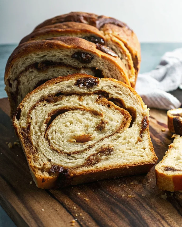 a loaf of Vegan Cinnamon Swirl Bread with raisins on a wooden surface