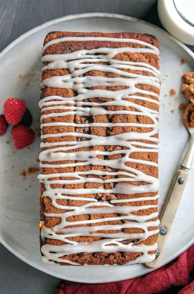 a loaf of Gluten Free Cinnamon Swirl Bread with white frosting on top