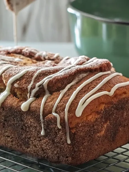 a Gluten Free Cinnamon Swirl Bread with white icing on a cooling rack