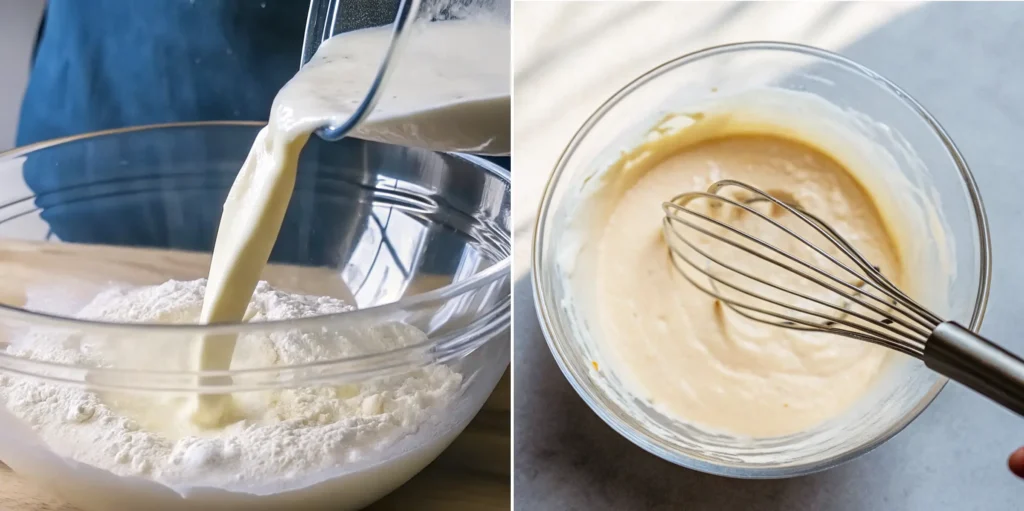 a mixing bowl with a whisk and a bowl with a liquid being poured into it