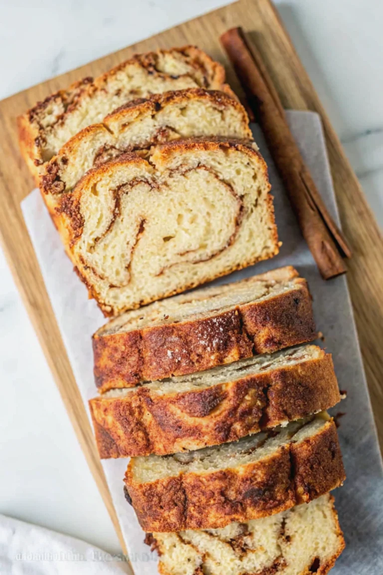 a loaf of cinnamon swirl bread no yeast on a cutting board