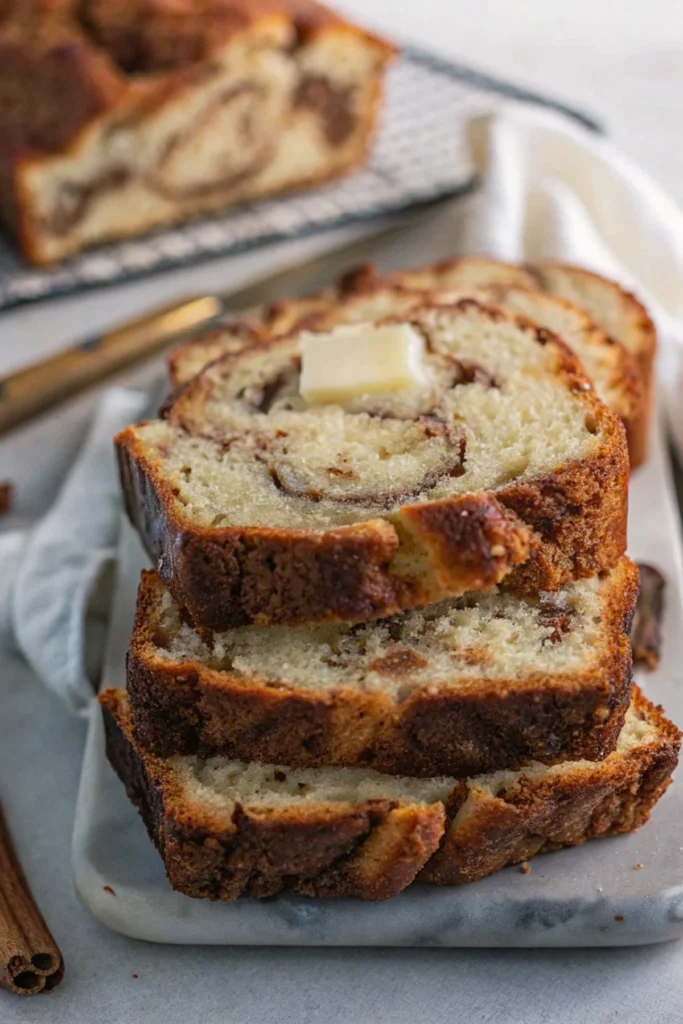 a stack of Cinnamon Swirl Bread No Yeast with butter on top