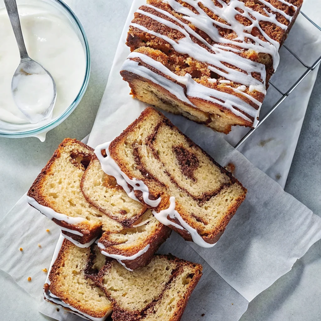 Cinnamon Swirl Bread No Yeast with glaze on top