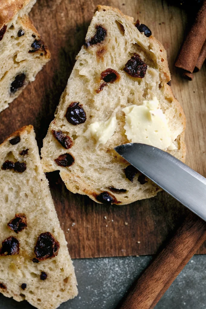 a piece of Cinnamon Sourdough Bread with butter and a knife