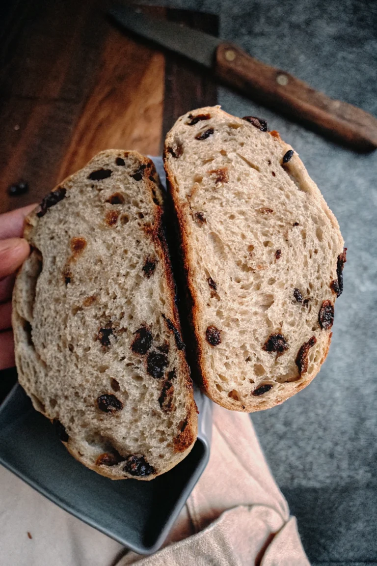 a piece of Cinnamon Sourdough Bread with raisins