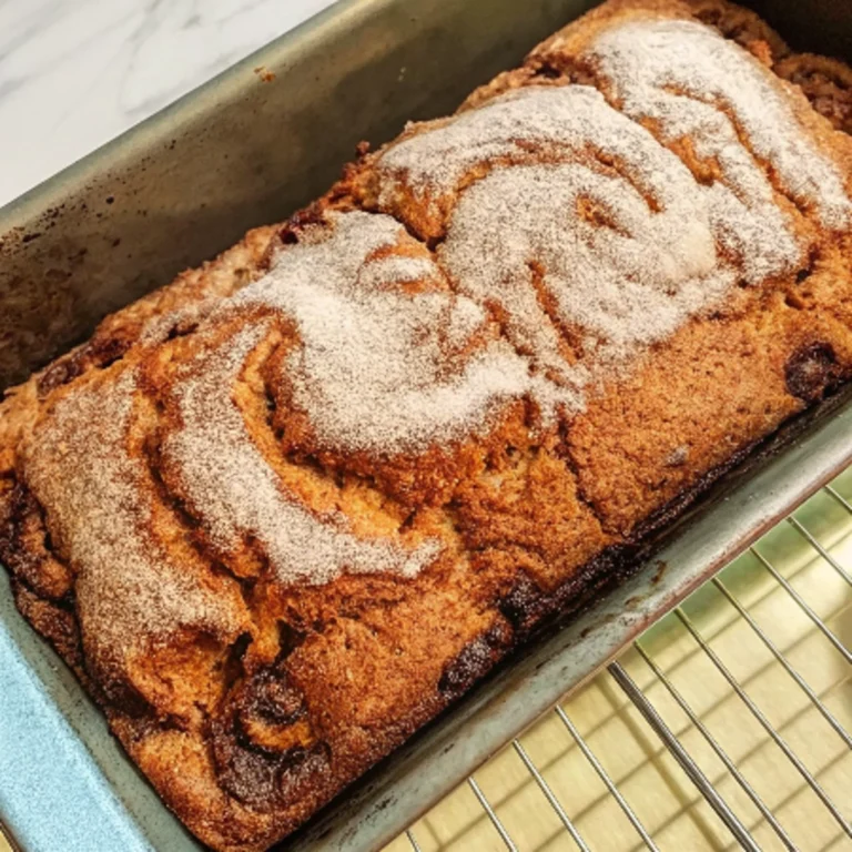 a loaf of a loaf of Cinnamon Raisin Bread in a pan with powdered sugar in a pan