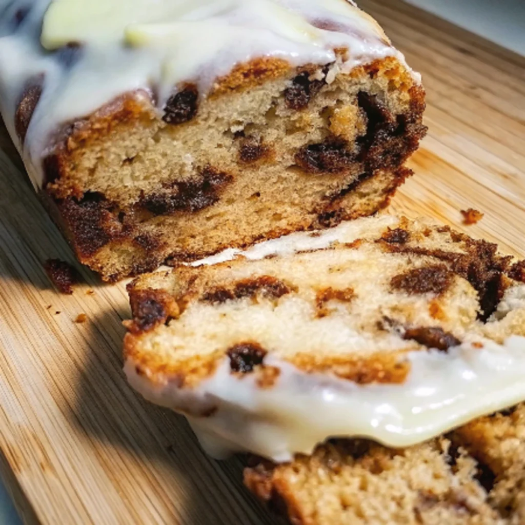 a loaf of Cinnamon Raisin Bread with white frosting on a wooden board