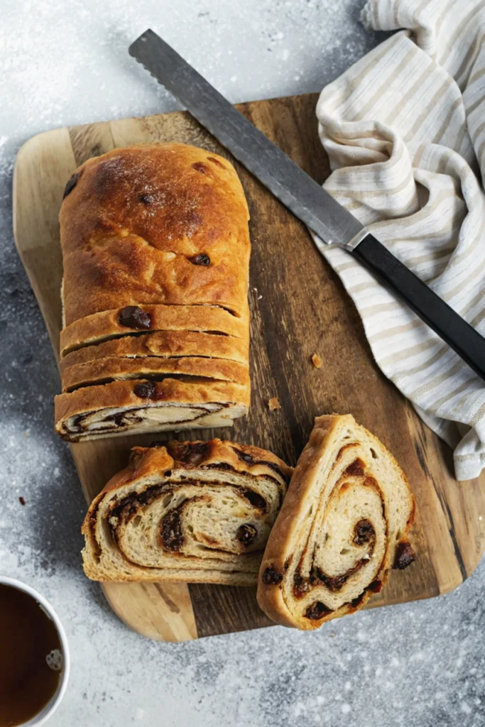 a loaf of Vegan Cinnamon Swirl Bread with a knife on a wooden board