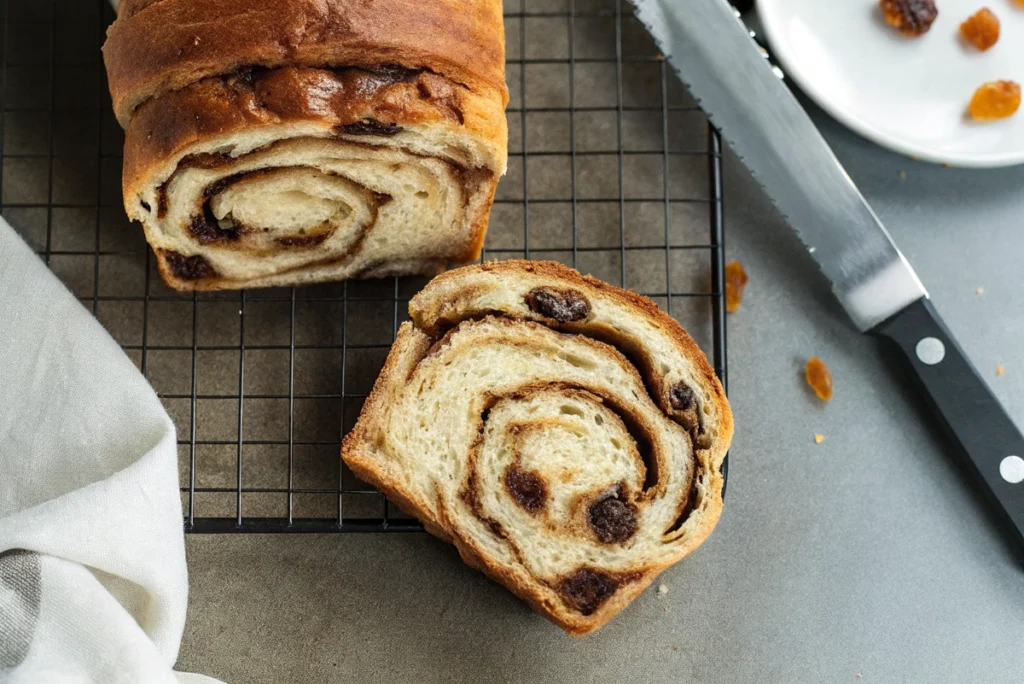a loaf of a loaf of Vegan Cinnamon Swirl Breada in a cooling rack